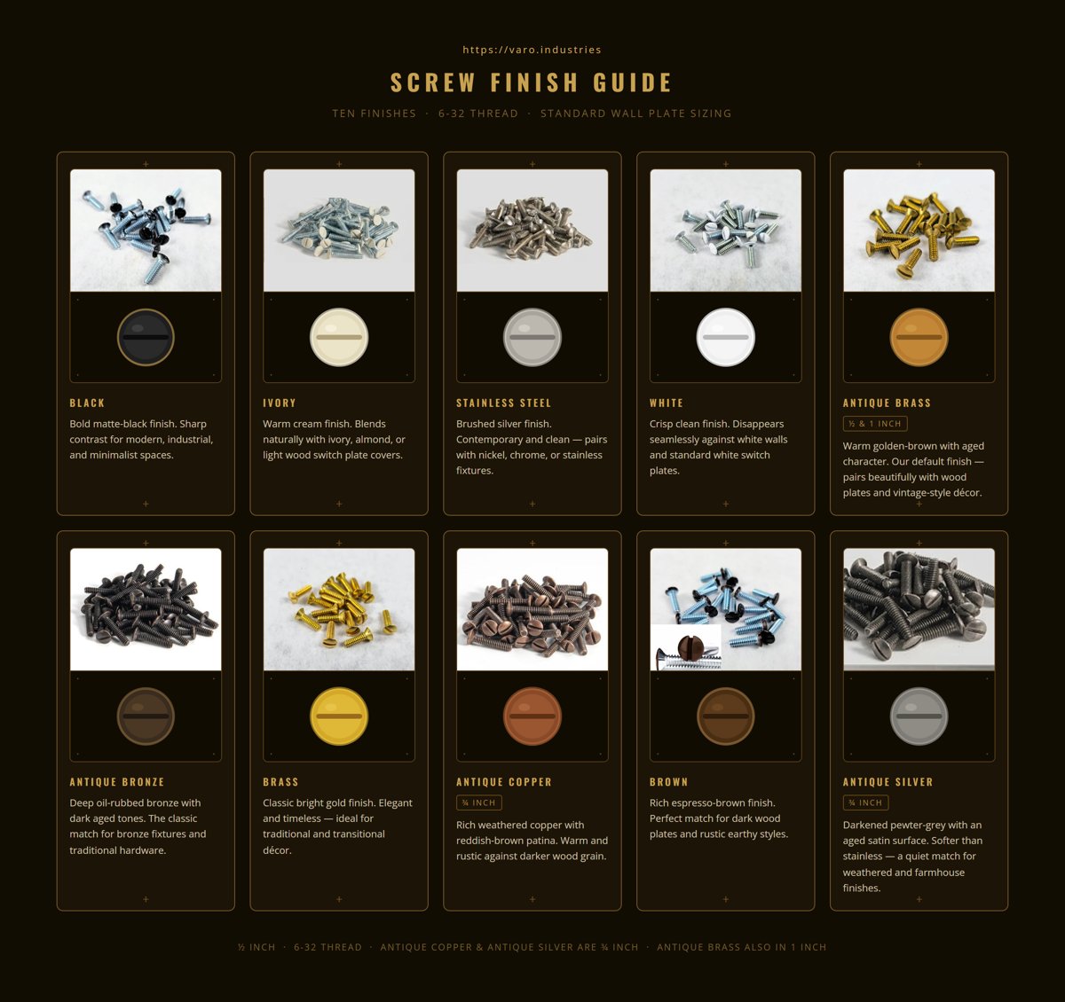 Screw finish guide — black, ivory, stainless steel, white, antique brass, antique bronze, brass, antique copper, brown, and antique silver decorative wall plate screws
